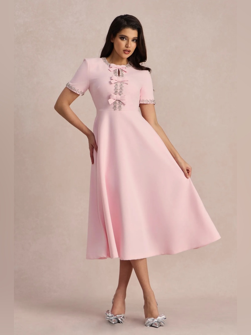 Sunfere Women’s Pink Embellished Bow Dress Wedding Guest Size L